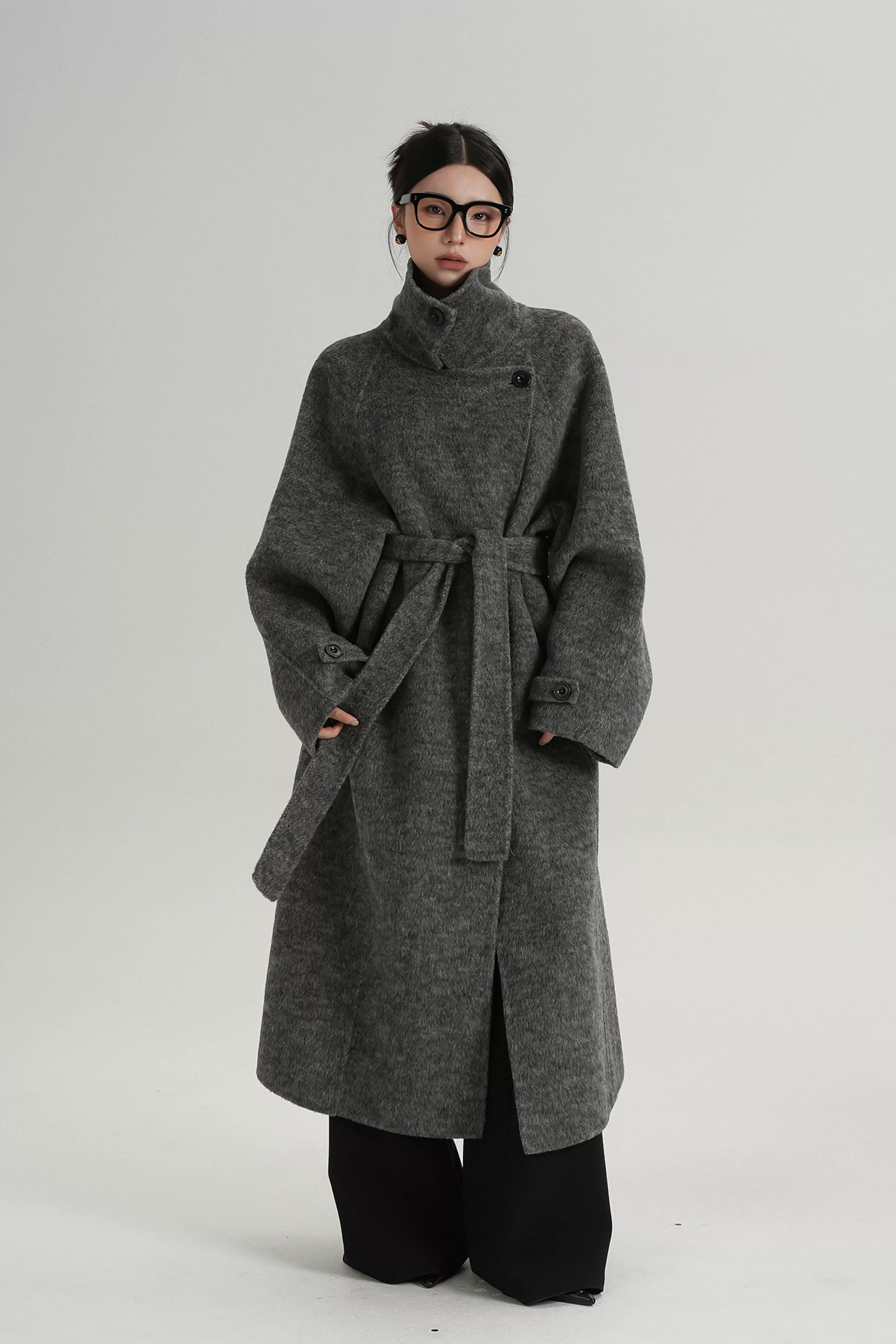 Belted Stand Collar Long Wool Coat