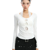 Top lungo a maniche lunghe con scollatura a halter in pizzo 