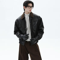 جاكيت جلد PU مع ياقة مخملية عتيقة 