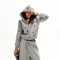 Gothic Cross Print Zip Hoodie
