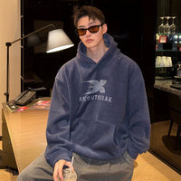 레트로 플리스 안감 레터 프린트 후드티 