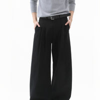 سروال صوف مزدوج الطيات واسع الساق 