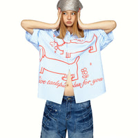 세로 줄무늬 다치훈드 프린트 셔츠 