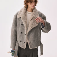 Wool Blend Double-Breasted Shearling Coat