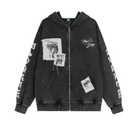 Yama Grafik Fermuarlı Kapüşonlu Üst 