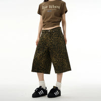 Wide-leg Leopard Print Denim Shorts