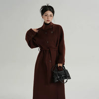 Long Wool Stand Collar Belted Coat