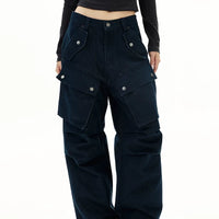 سروال جينز كارجو واسع الساق 