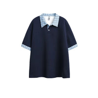 Plaid Trim Patchwork Polo Shirt