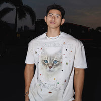 ت-Shirt بأكمام قصيرة واسعة برسمة قطة 