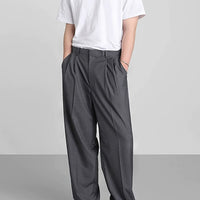 더블 플리츠 와이드 레그 캐주얼 팬츠 