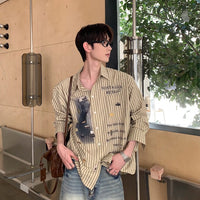 Camisa de Manga Longa com Listras Verticais Gráficas Retrô 