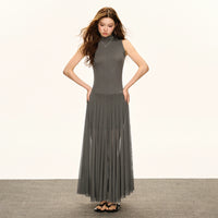 Kolsuz Retro Fırfırlı Maxi Elbise 