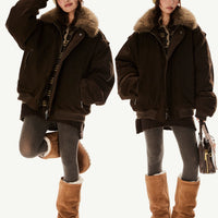 Kürk Yaka ile Ahşap Tarzı Aşağı Ceket 