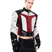 스탠드 칼라 그래피티 패치워크 가죽 재킷 