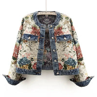 Veste en denim jacquard rétro avec col rond 