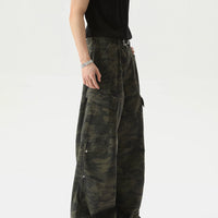 카모플라주 멀티 포켓 와이드 레그 카고 팬츠 