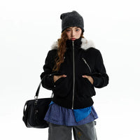 Jaqueta Bomber com Zíper e Gola de Pelúcia Sintética 