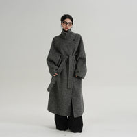 Belted Stand Collar Long Wool Coat