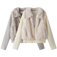 フェイクファー パッチワーク ニットスリーブジャケット 