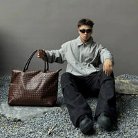 Bolsa de Couro Trançado Masculinas com Alça para Ombro 