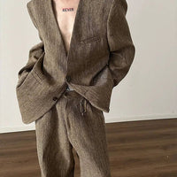 Retro Woven Suit Blazer and Wide-Leg Pants