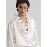 Ruffled V-Neck Satin Long Sleeve Shirt