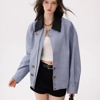Contrast Collar Button-Up Bomber Jacket