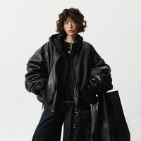 Faux Leather Hooded Bomber Jacket