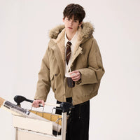 모피 트림이 있는 다운 후드 재킷 