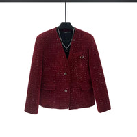 스팽글 트위드 칼라 없는 짧은 재킷 