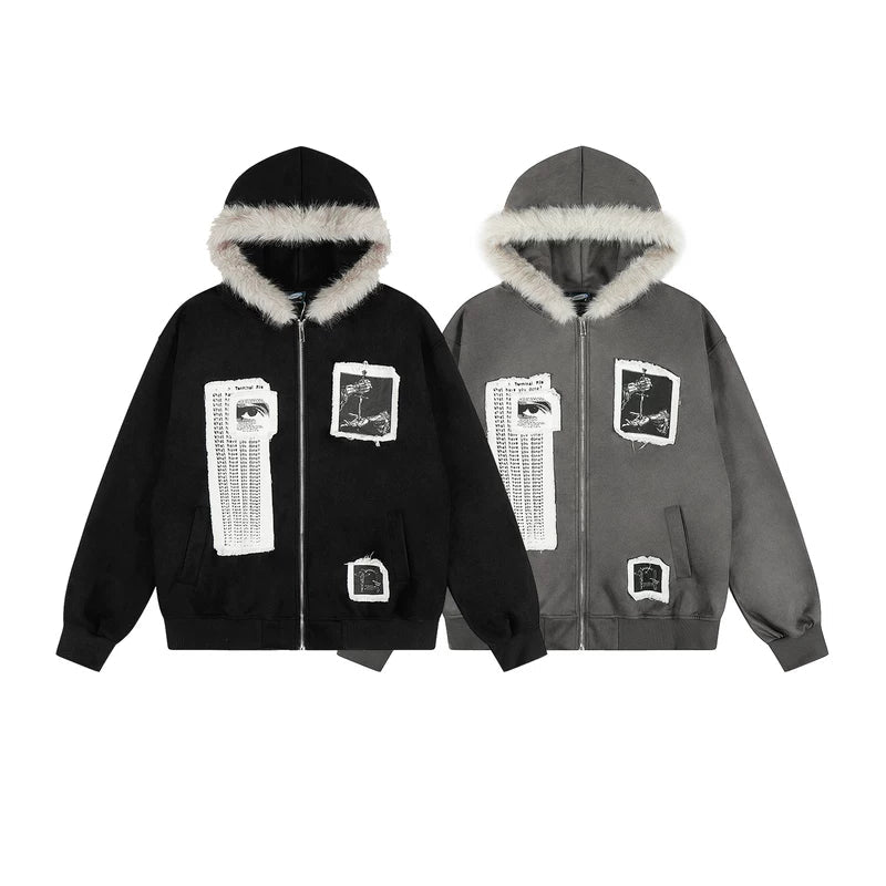 Retro Wildleder Kapuzenjacke mit Fellbesatz 