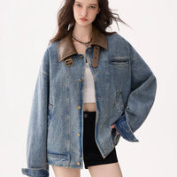 Leather Collar Oversized Denim Jacket