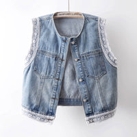 레이스 트림 라운드 넥 데님 