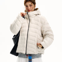 후드가 달린 헤링본 다운 퍼프 재킷 