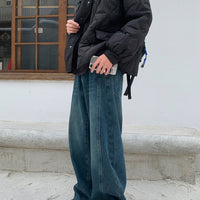 سروال جينز واسع الساق مغسول مبطن بالفليس 