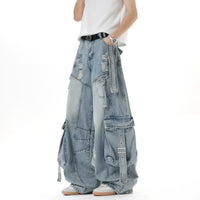 멀티 포켓 와이드 레그 카고 청바지 