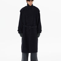 معطف ترينش مزود بحزام من قماش الصوف المخلوط بنمط المربعات 