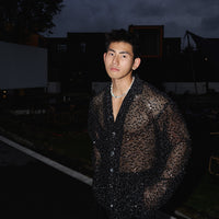 Camisa de manga larga transparente de malla con lentejuelas 