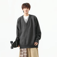 Aşırı Boyutlu V Yaka Örgü Katmanlı Görünüm Kazak 