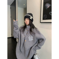 Oversize Yüksek Yaka Düğmeli Triko Kazak 