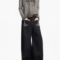 자수 장식 와이드 레그 데님 팬츠 