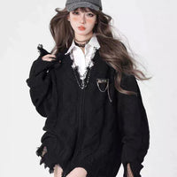 ダメージ加工ニットカーディガンセーター ルーズフィット 