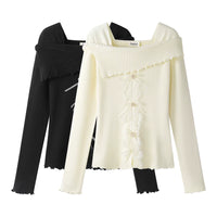 레이스 리본 오프 숄더 니트 스웨터 