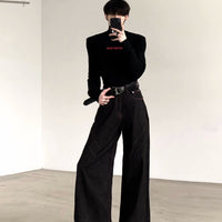 Calças Jeans de Denim Largura de Perna com Bainha 