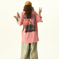 레트로 풍경 프린트 루즈 핏 티셔츠 