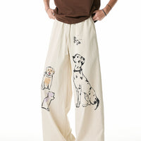 手描きの子犬プリントワイドレッグパンツ 