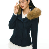 인조 모피 후드 더블 브레스트 다운 재킷 