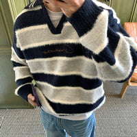 Çizgili Retro Polo Örgü Kazak 