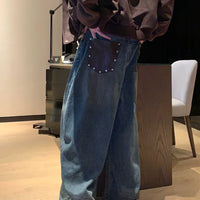 بنطلون جينز واسع الساق بجيب باث ورك 